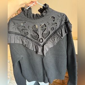 Sandro Black Knit Sweater with Ruffled Yoke